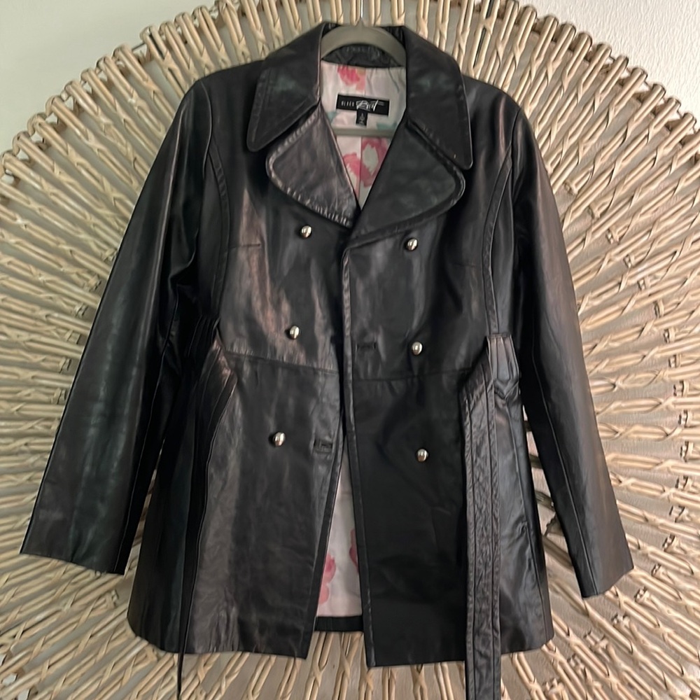 Vintage black mid length button up leather jacket.  Size Small
